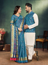 Men And Women Combo Of Saree Kurta And Jacket In Sky Blue Jacquard Weaving Couple Combo