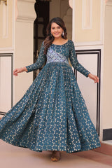 Designer Gown In Rama Jacquard With Beautiful Weaving And Position Print