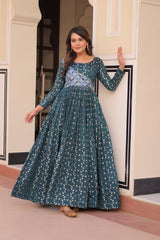Designer Gown In Rama Jacquard With Beautiful Weaving And Position Print