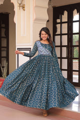 Designer Gown In Rama Jacquard With Beautiful Weaving And Position Print