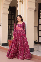 Designer Gown In Wine Jacquard With Beautiful Weaving And Position Print