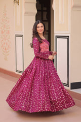 Designer Gown In Wine Jacquard With Beautiful Weaving And Position Print