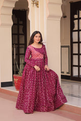 Designer Gown In Wine Jacquard With Beautiful Weaving And Position Print