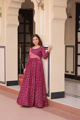 Designer Gown In Wine Jacquard With Beautiful Weaving And Position Print