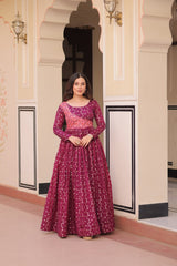 Designer Gown In Wine Jacquard With Beautiful Weaving And Position Print