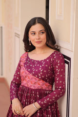 Designer Gown In Wine Jacquard With Beautiful Weaving And Position Print