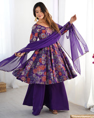 Astonishing Purple Printed Silk Festive Wear Palazzo Suit With Dupatta