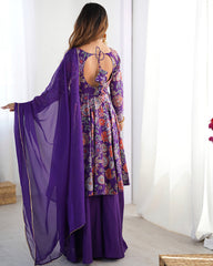 Astonishing Purple Printed Silk Festive Wear Palazzo Suit With Dupatta