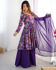 Astonishing Purple Printed Silk Festive Wear Palazzo Suit With Dupatta