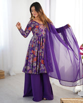 Astonishing Purple Printed Silk Festive Wear Palazzo Suit With Dupatta