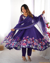 Purple Color Floral Print Organza Three Piece Anarkali Suit