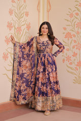 Purple Russian Silk Print Embroidered Sequins Work Gown with Dupatta