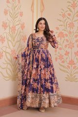 Purple Russian Silk Print Embroidered Sequins Work Gown with Dupatta