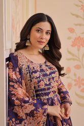Purple Russian Silk Print Embroidered Sequins Work Gown with Dupatta