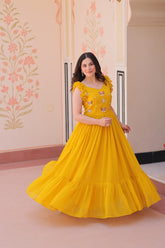Mesmerizing Yellow Multi Thread Embroidery Georgette Haldi Wear Gown