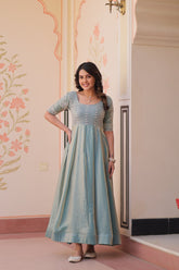 Embroidered Silk Readymade Gown – Festive & Party Wear Elegance