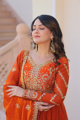 Sunset Orange Embroidered Fendi Anarkali Gown With Dupatta