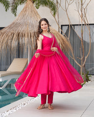 Ruby Pink Color Chanderi Pure Roman Silk Anarkali Suit