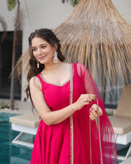 Ruby Pink Color Chanderi Pure Roman Silk Anarkali Suit