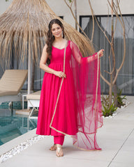 Ruby Pink Color Chanderi Pure Roman Silk Anarkali Suit