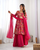Attractive Rani Pink Floral Printed Silk Festival Wear Palazzo Suit