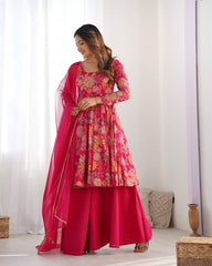 Attractive Rani Pink Floral Printed Silk Festival Wear Palazzo Suit