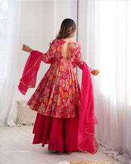 Attractive Rani Pink Floral Printed Silk Festival Wear Palazzo Suit