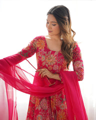 Attractive Rani Pink Floral Printed Silk Festival Wear Palazzo Suit