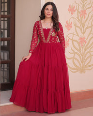 Regal Rani Pink Zari Embroidery Georgette Wedding Wear Gown