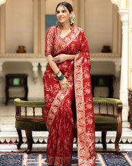 BUCOLIC RED SOFT SILK SAREE WITH TRADITIONAL BLOUSE PIECE