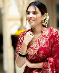 BUCOLIC RED SOFT SILK SAREE WITH TRADITIONAL BLOUSE PIECE