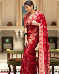 BUCOLIC RED SOFT SILK SAREE WITH TRADITIONAL BLOUSE PIECE