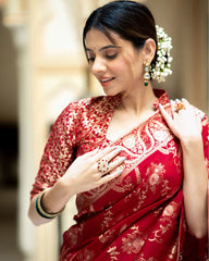 BUCOLIC RED SOFT SILK SAREE WITH TRADITIONAL BLOUSE PIECE