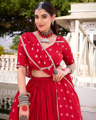 TRADITIONAL BANDHEJ PRINT PURE CHANDERI BEAUTIFUL LEHENGA CHOLI