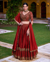 EXCELLENT RED SEQUINS SILK WEDDING LEHENGA CHOLI WITH DUPATTA BY MITVAL