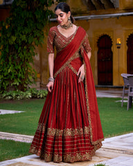 EXCELLENT RED SEQUINS SILK WEDDING LEHENGA CHOLI WITH DUPATTA BY MITVAL