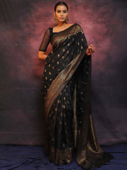 SOPHISTICATED BLACK SOFT SILK SAREE WITH TWIRLING BLOUSE PIECE