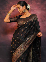 SOPHISTICATED BLACK SOFT SILK SAREE WITH TWIRLING BLOUSE PIECE