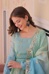 Sky Blue Organza Flair Sequins Zari Embroidery Gown with Dupatta