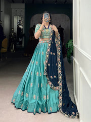 Designer Sky Blue Sequins Tread Embroidered Work Designer Wedding Lehenga Choli