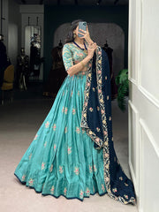 Designer Sky Blue Sequins Tread Embroidered Work Designer Wedding Lehenga Choli