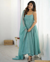 Chic Sky Blue Silk Swarovski Work Traditional Anarkali Suit