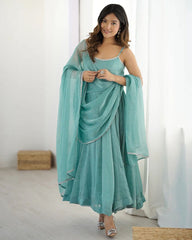 Chic Sky Blue Silk Swarovski Work Traditional Anarkali Suit