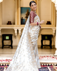 SNAPPY OFF WHITE SOFT SILK SAREE WITH TRANSCENDENT BLOUSE PIECE