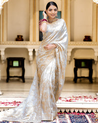 SNAPPY OFF WHITE SOFT SILK SAREE WITH TRANSCENDENT BLOUSE PIECE