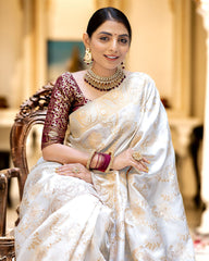 SNAPPY OFF WHITE SOFT SILK SAREE WITH TRANSCENDENT BLOUSE PIECE