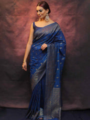 PRECIOUS BLUE SOFT SILK SAREE WITH FLAMBOYANT BLOUSE PIECE