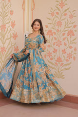 Teal Blue Russian Silk Print Embroidered Sequins Work Gown with Dupatta