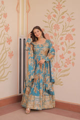 Teal Blue Russian Silk Print Embroidered Sequins Work Gown with Dupatta