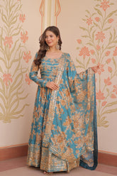 Teal Blue Russian Silk Print Embroidered Sequins Work Gown with Dupatta